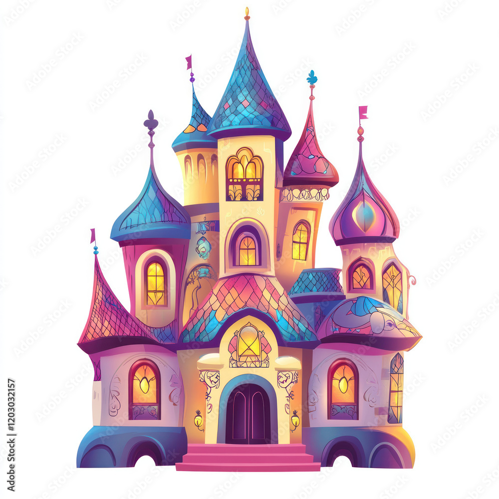 Fototapeta premium Enchanted Fairytale Castle Illustration Colorful Towers Windows