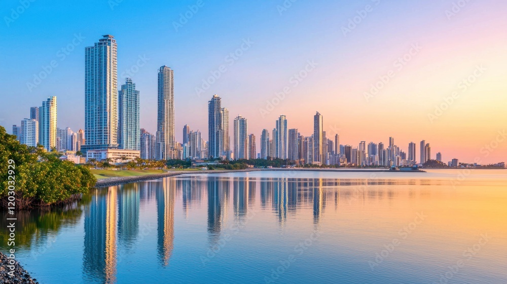 Obraz premium Coastal City Skyline at Sunrise