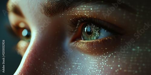 Futuristic Biometric Eye Scan: Female Eyes with Colorful Facial Recognition Technology Against a Dark Background