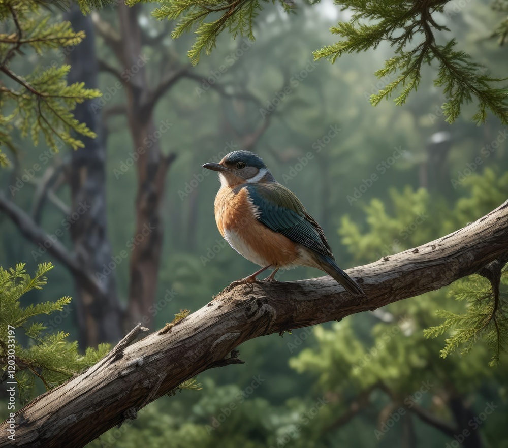 Bird perched on a tree branch in the Patagonian forest, tree bark textures , bird habitat Bird perched on a tree branch in the Patagonian forest, tree bark textures , bird habitat