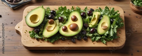 Avocado smash on a minimalist wooden plate with mixed greens and sliced olives , brunchinspo, minimalism photo