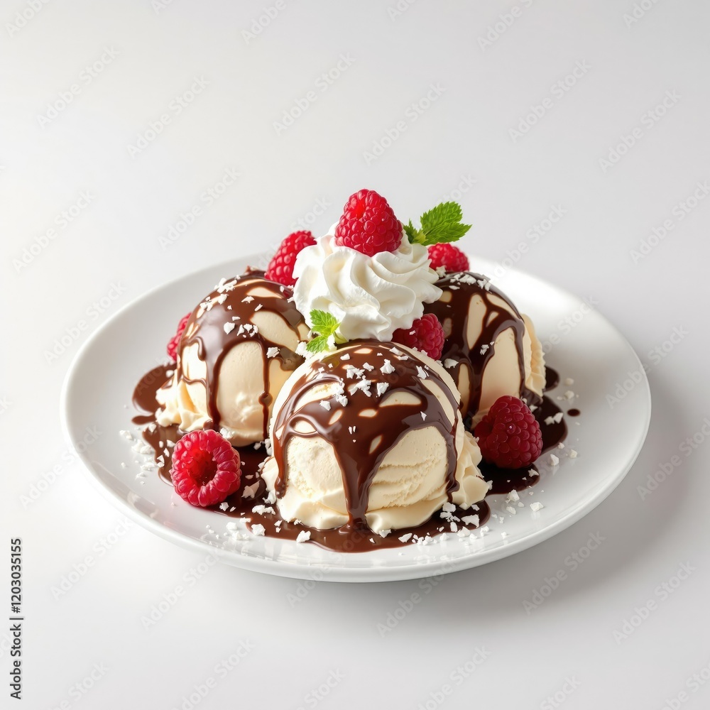 Assortment of gourmet vanilla ice cream scoops with chocolate sauce, whipped cream, raspberries, and mint leaf on a plate, raspberries, indulgent Assortment of gourmet vanilla ice cream scoops with chocolate sauce, whipped cream, raspberries, and mint leaf on a plate, raspberries, indulgent