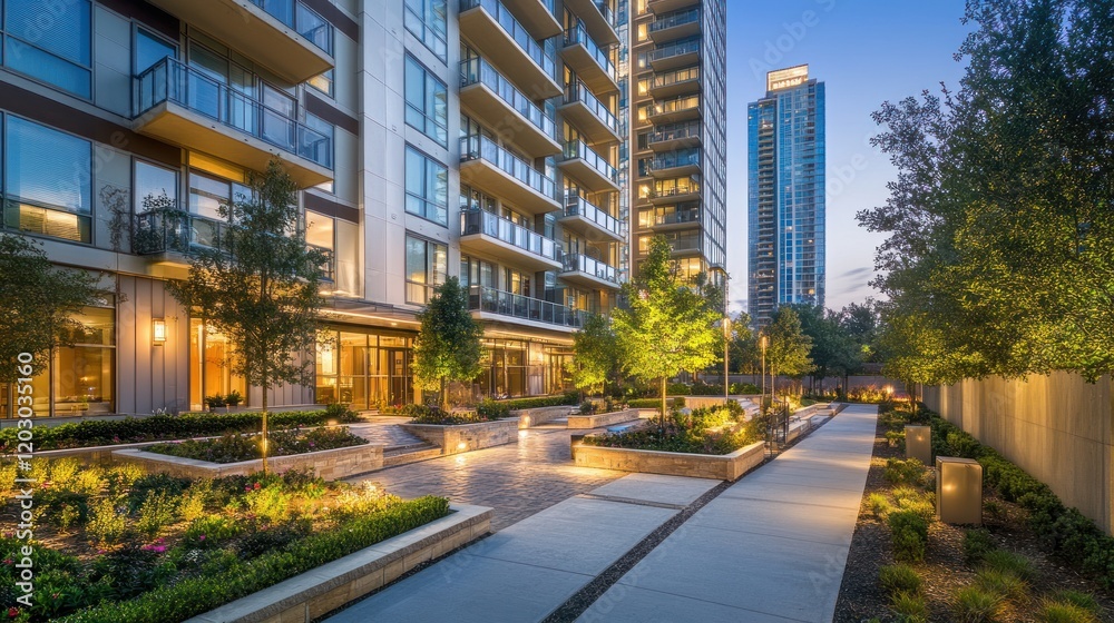 Modern Apartment Building Courtyard Evening Ambiance Modern Apartment Building Courtyard Evening Ambiance