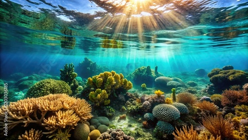 An underwater scene of coral reef covered with slimy aqua substance and aquatic plants, erosion, algae, marine life, underwater