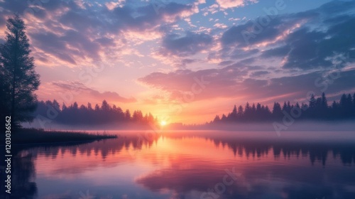 Serene Sunrise Over Misty Lake and Pine Trees