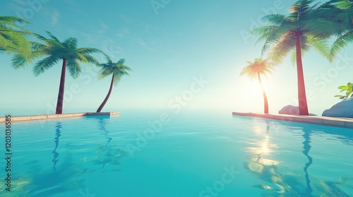Tranquil Pool Scene With Palm Trees And Ocean View