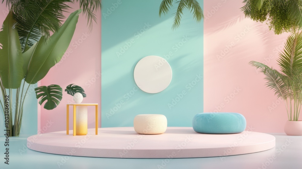 Obraz premium Modern interior design featuring pastel colors, circular mirror, and tropical plants in a stylish setting