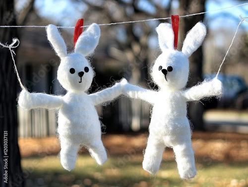 Different stuffed bunny toys with different outfits sitting on a wooden table, in a cozy room, showcasing handmade craftsmanship photo