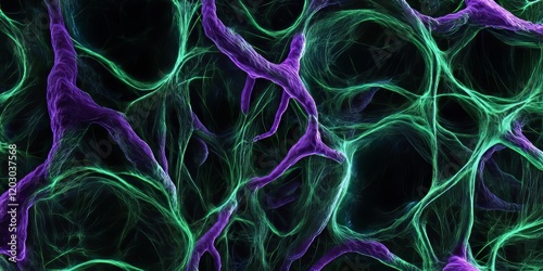 Microscopic view of bundles of myelinated fibers featuring central axons. The image highlights nerve sheaths in green, myelin in black, and central axons in purple, captured at 200x magnification. photo