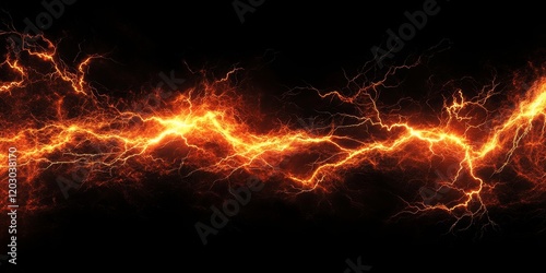 Vivid depiction of bright orange lightning set against a pitch black background, creating a striking visual contrast that highlights the lightnings intensity.