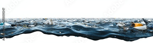 Polluted ocean water with floating debris and plastic waste, white isolate background