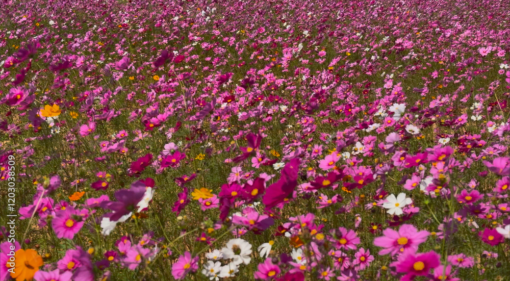 Fototapeta premium A vibrant field of pink, white, and orange cosmos flowers swaying gently in the wind, creating a soothing and colorful natural scene.
