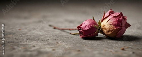 Close-up of dried rosebud on textured surface, textured backdrop, lifeless plant, brittle, petal details, wilting