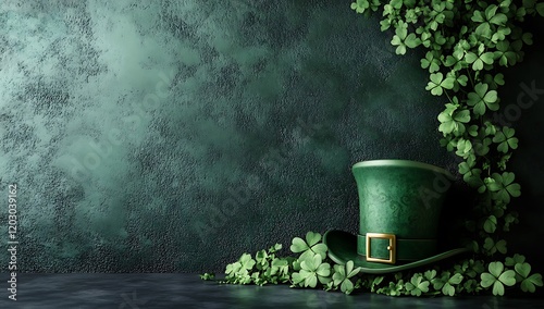 3D rendering of a St. Patrick's Day background with a leprechaun hat and shamrock leaves on a dark green wall background. Banner design for a St. Patrick's Day celebration