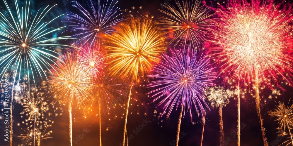 Fototapeta premium Spectacular giant firework displays illuminate the night sky, creating a breathtaking scene. Experience the dazzling beauty of giant fireworks as they light up the night with vibrant colors.
