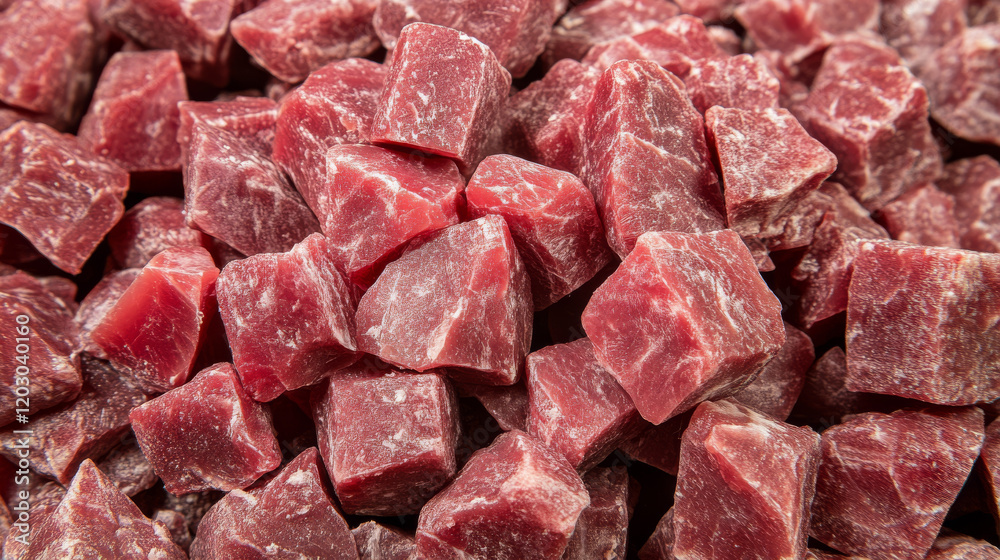 Close-up of Diced Beef Cubes, Raw Meat Texture Close-up of Diced Beef Cubes, Raw Meat Texture