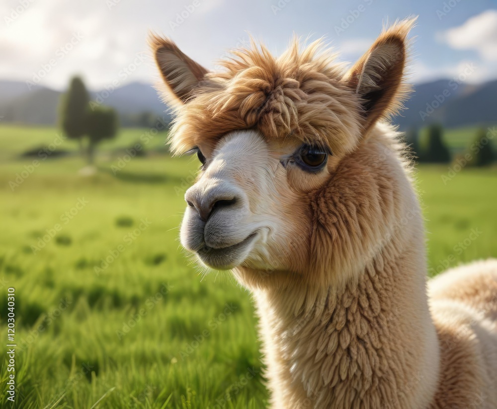 Obraz premium Close-up of a fluffy alpaca with soft fur grazing in green field, fur, fluffy, field