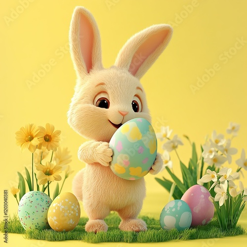 3d Happy Bunny Holding Easter Egg Colorful Eggs Yellow Background Copy Space Greeting Card