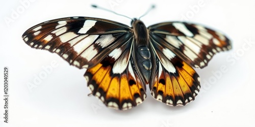 Close-up of a beautiful Blenois Calypso butterfly on a clean white surface, emphasizing its intricate patterns and colors, wing shape, butterfly wings, benois calypso photo