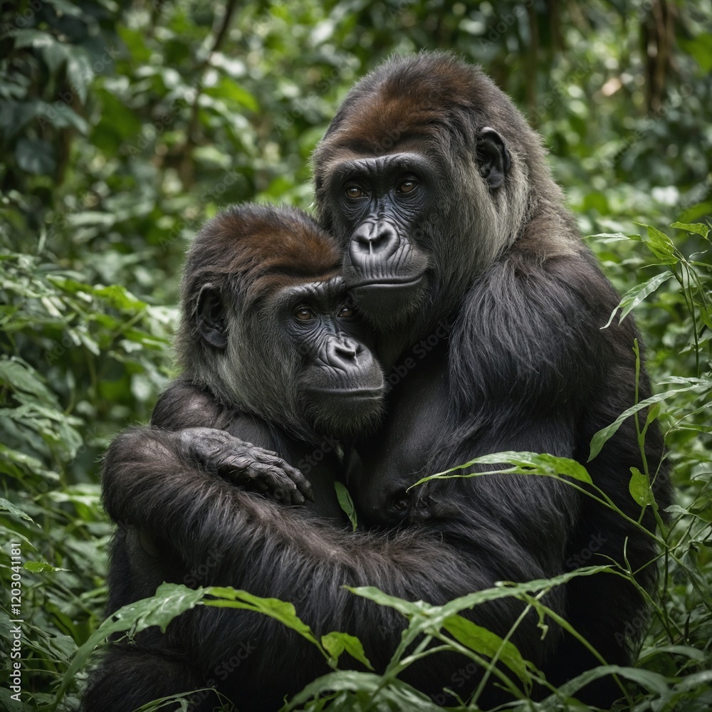 Gorilla, Wildlife Photography, Western Lowland Gorilla Family. a heartwarming image of a gorilla family, focusing on the adult gorilla carrying its juvenile on its back
Gorilla, Wildlife Photography, Western Lowland Gorilla Family. a heartwarming image of a gorilla family, focusing on the adult gorilla carrying its juvenile on its back
