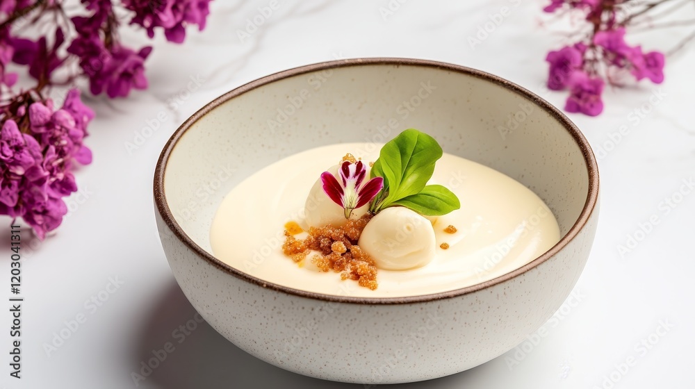 A delicate dessert served in a bowl, garnished with herbs and edible flower. A delicate dessert served in a bowl, garnished with herbs and edible flower.