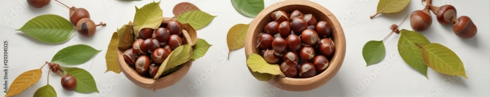 Chestnut with attached leaves in a wooden bowl on white surface, wooden bowl, beige, brown Chestnut with attached leaves in a wooden bowl on white surface, wooden bowl, beige, brown