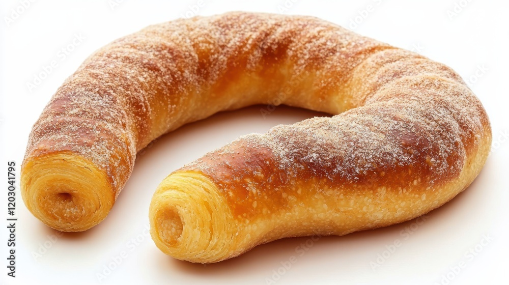 Freshly baked crescent-shaped pastry with a golden-brown crust on a clean white background Freshly baked crescent-shaped pastry with a golden-brown crust on a clean white background