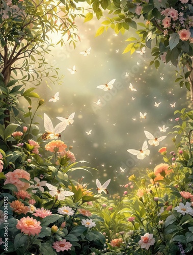 Charming moths with sparkling wings in a whimsical garden scene, scene, wings, sparkling, illustration, garden photo