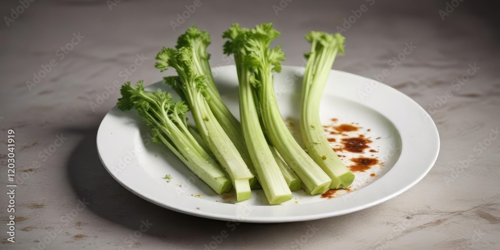Celery with brown spots and bruises on a white plate, kitchen counter, salad, plate Celery with brown spots and bruises on a white plate, kitchen counter, salad, plate