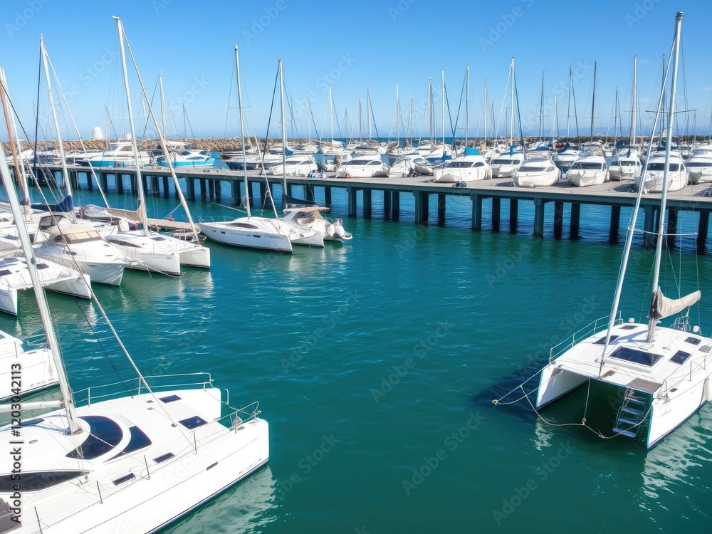 Fototapeta premium Catamaran sailboats docked at a bustling pier with sailboats and powerboats in the background, sky, yacht