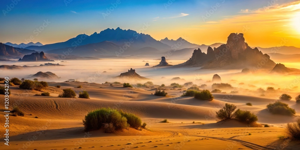 Obraz premium Desert landscape at dawn with misty silhouette of dunes and rocky outcrops