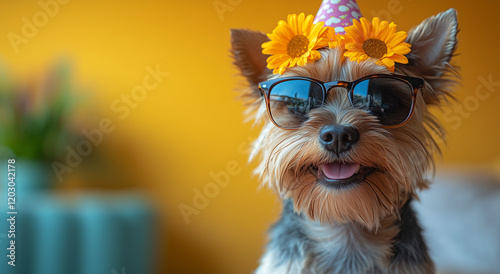 Adorable Yorkies wearing party hats, glasses, and stylish accessories against a bright yellow background. Perfect for festive, birthday, or fun pet-themed content.

