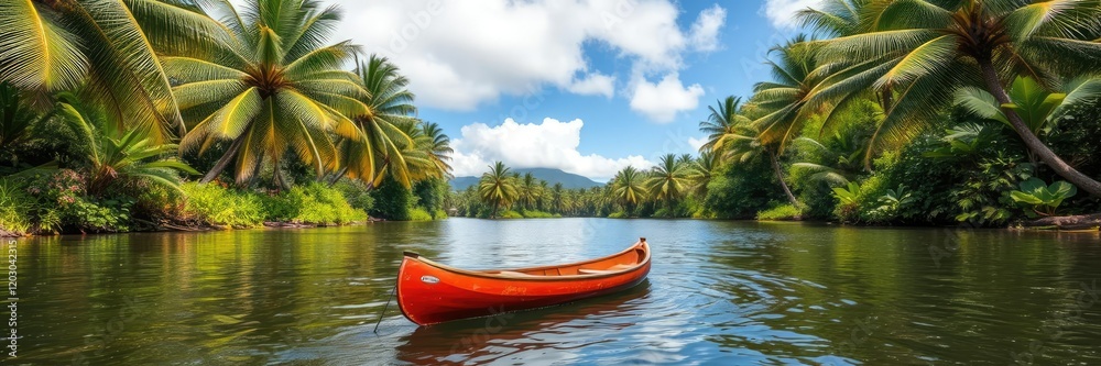 canoe floats gently on the surface of Wailua River, surrounded by a canopy of swaying palm trees and vibrant greenery, outdoor adventure, floating canoe floats gently on the surface of Wailua River, surrounded by a canopy of swaying palm trees and vibrant greenery, outdoor adventure, floating