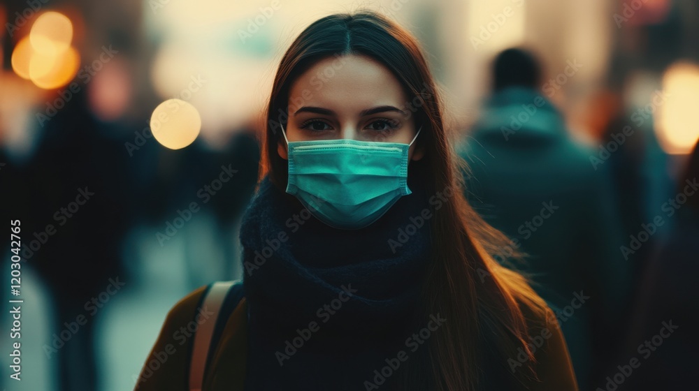 Woman wearing face mask in crowd Woman wearing face mask in crowd