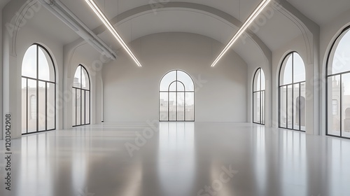 3D rendering of an empty, white, large studio with arched windows and high ceilings. The floor is painted in a glossy light gray, and the walls have a minimalistic design 