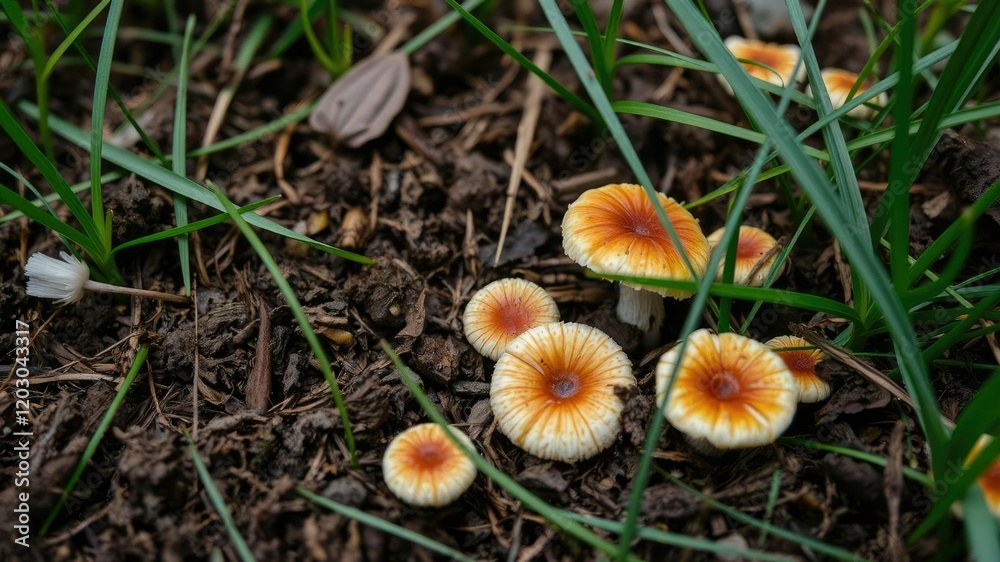 Brown and white mushroom nestled among lush green grass, mushroom, growth Brown and white mushroom nestled among lush green grass, mushroom, growth