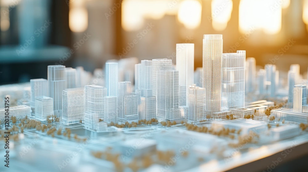 Glass Model of a Modern Cityscape at Sunset Glass Model of a Modern Cityscape at Sunset