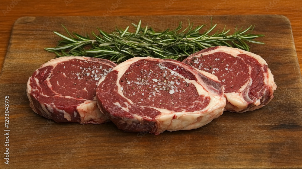 Three Delicious Raw Ribeye Steaks with Rosemary and Salt Three Delicious Raw Ribeye Steaks with Rosemary and Salt