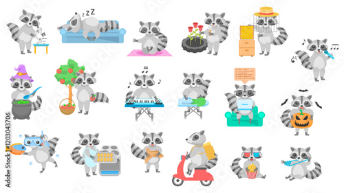 Big Set Abstract Collection Flat Cartoon Different Animal Raccoons Vector Design Style Elements Fauna Wildlife