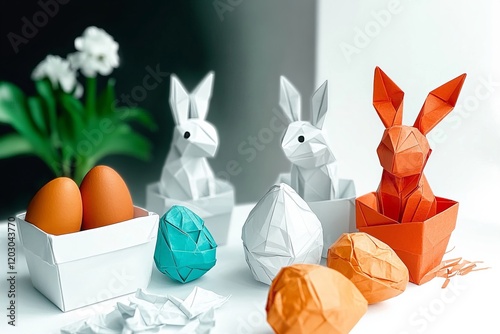 Origami bunny in a box with vibrant paper eggs, orange gift boxes, and green plant, set on a marble surface. Easter concept photo