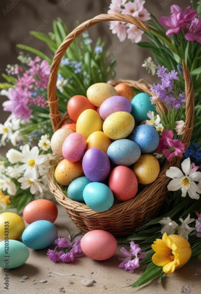 Brightly colored Easter eggs in a basket with spring flowers and decorations, eggs, Easter Brightly colored Easter eggs in a basket with spring flowers and decorations, eggs, Easter