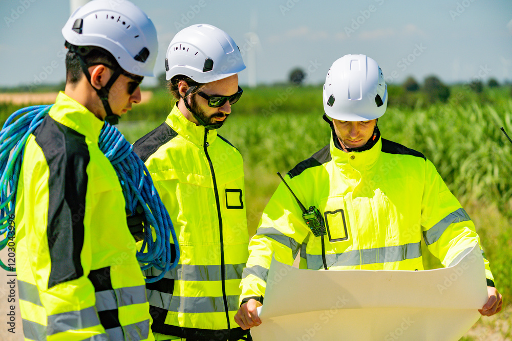 Team of engineers examining plans while dressed in safety gear under a clear sky in a rural area Team of engineers examining plans while dressed in safety gear under a clear sky in a rural area