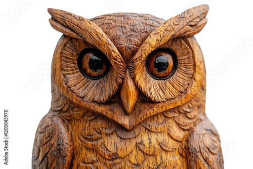 Detailed wooden owl carving created with intricate craftsmanship highlighting natural grains and textures