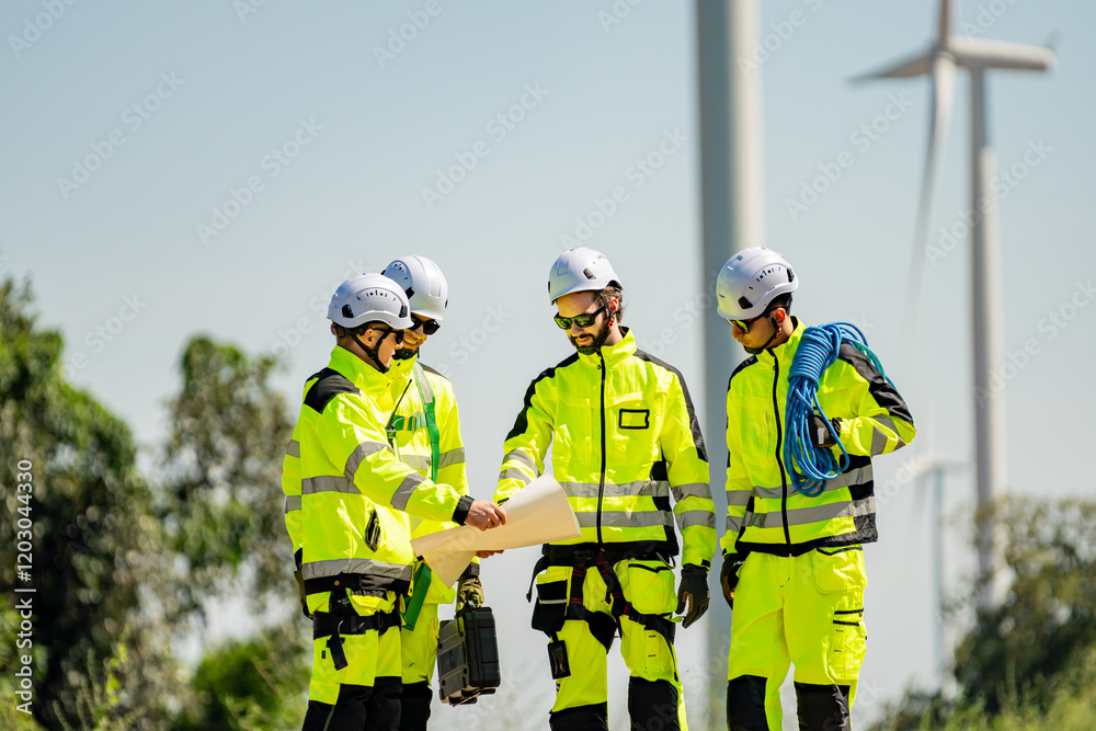 Fototapeta premium Team of workers reviewing plans at a wind farm on a clear day