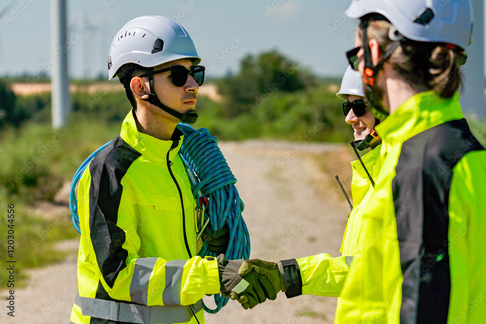 Fototapeta premium Team of workers in bright safety gear shake hands on an outdoor site during a sunny day