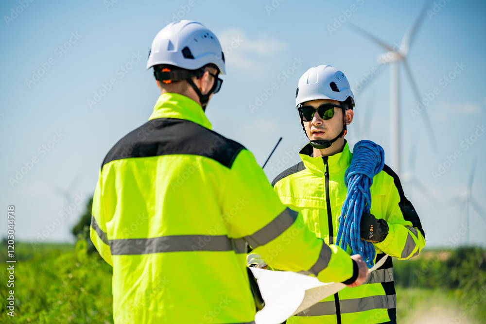 Workers collaborate on wind turbine maintenance task with safety equipment in a sunny, rural environment Workers collaborate on wind turbine maintenance task with safety equipment in a sunny, rural environment
