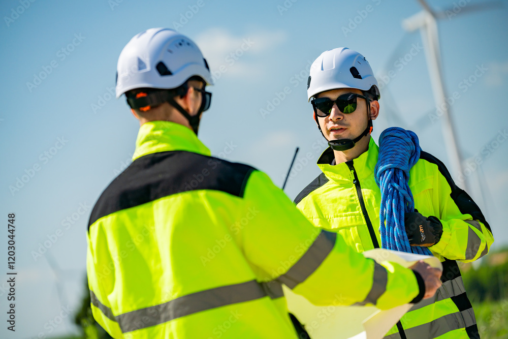 Workers discuss plans at a wind farm during a bright sunny day while preparing for an upcoming task outdoors Workers discuss plans at a wind farm during a bright sunny day while preparing for an upcoming task outdoors
