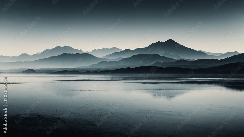 black and white picture of mountains in watercolour. Fog in background adds some mystery. Exhibition in museum. black and white picture of mountains in watercolour. Fog in background adds some mystery. Exhibition in museum.