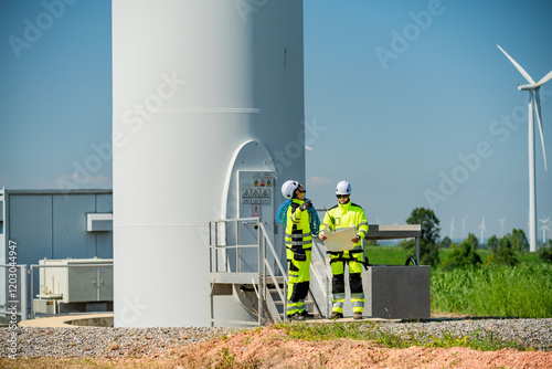 Wallpaper Mural Safety inspection performed by workers near a wind turbine in a renewable energy field during clear weather Torontodigital.ca