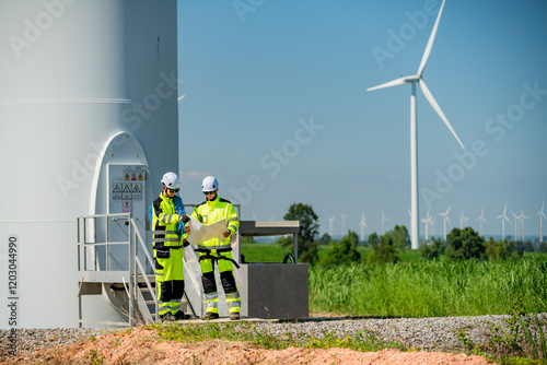 Workers consult wind turbine plans in a renewable energy field during a sunny day photo